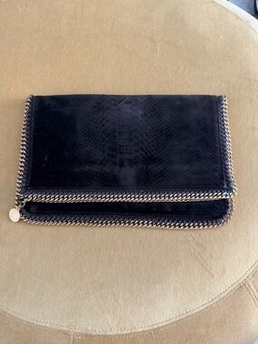 Stella McCartney Black Chain-Trim Foldover Clutch with Snake-Emboss